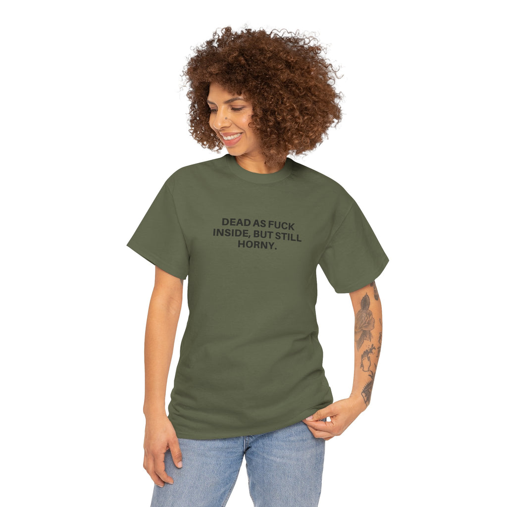 Black Dead as F*** T-Shirt by Printify featuring bold white graphic text on the front.