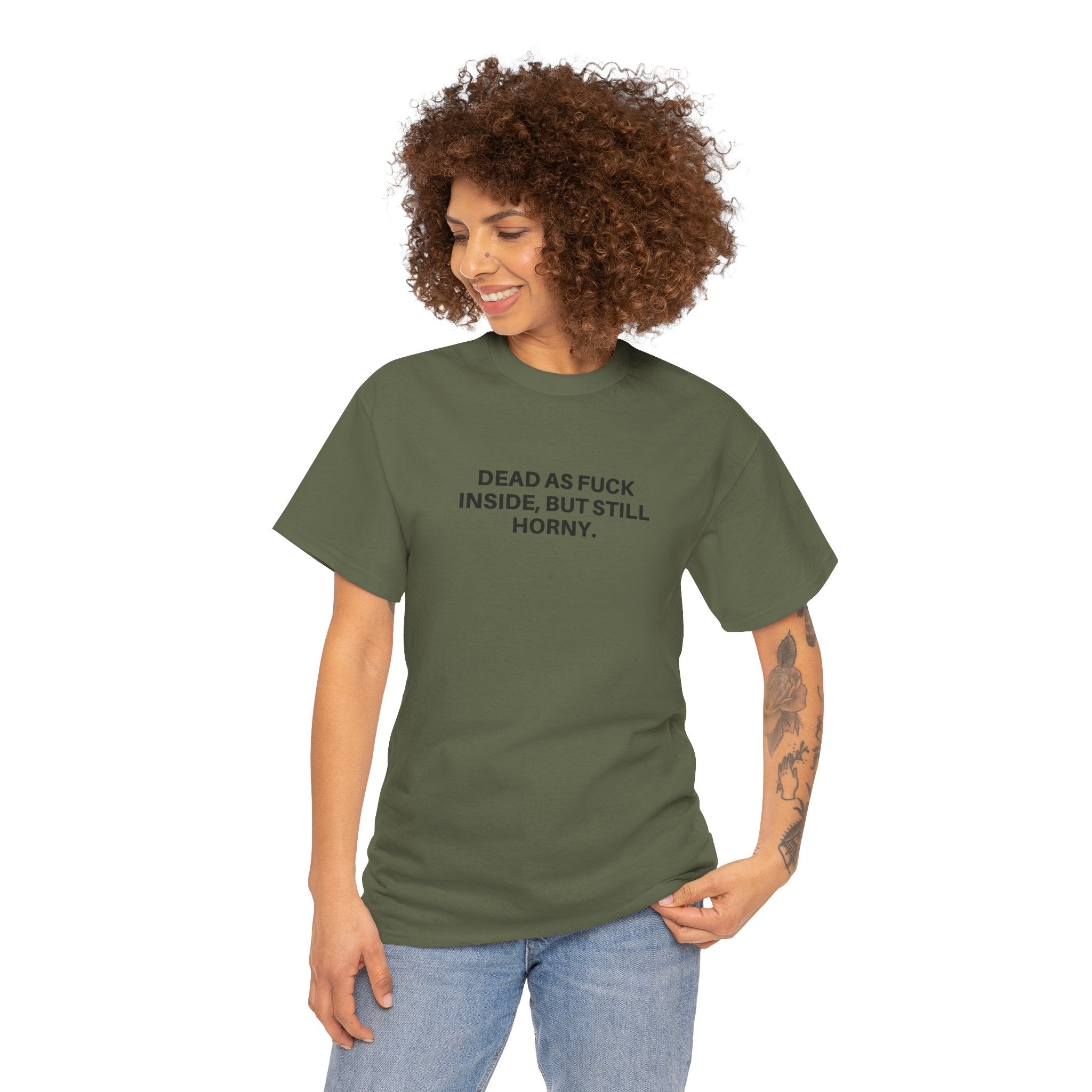 Black Dead as F*** T-Shirt by Printify featuring bold white graphic text on the front.