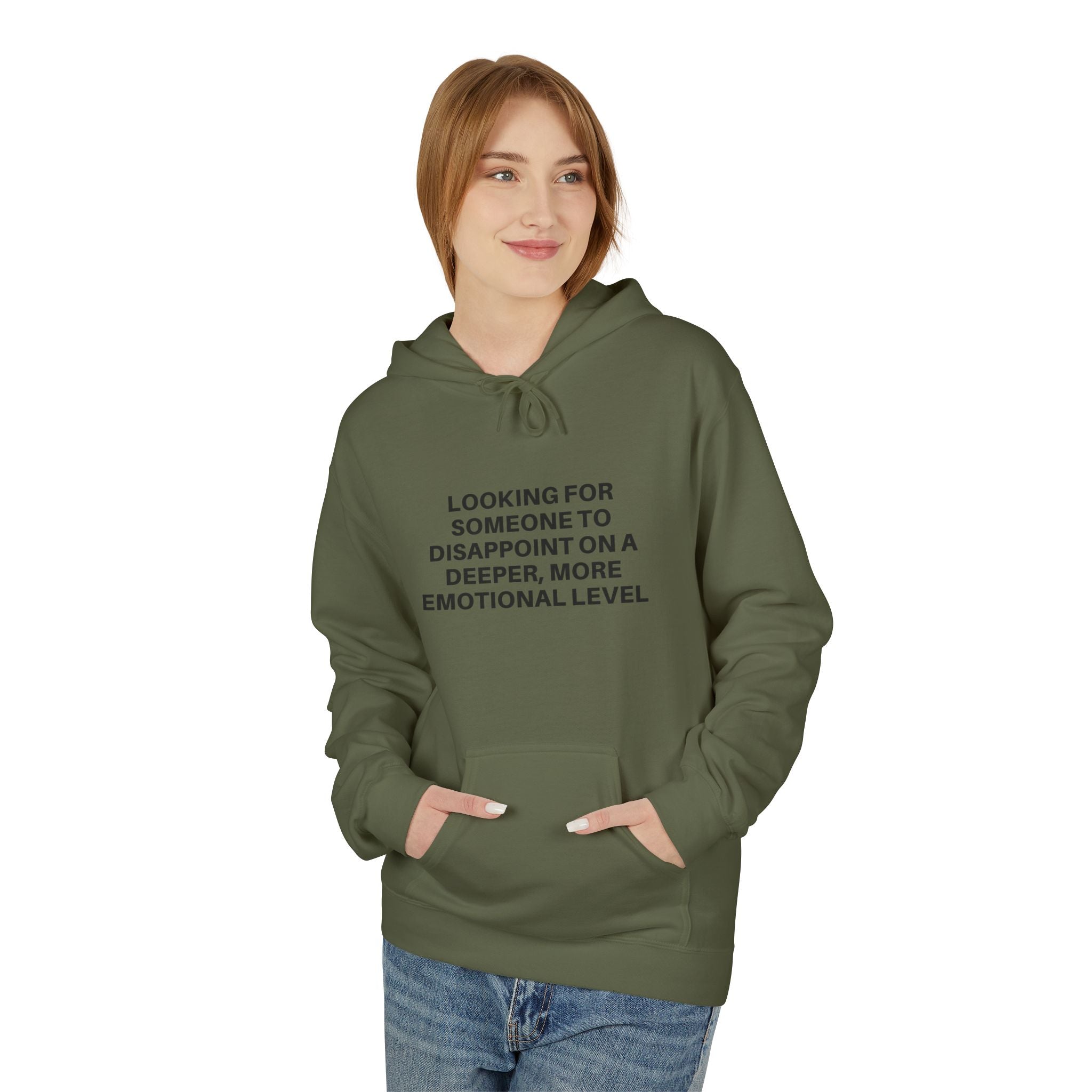 Black Deeper Level Hoodie by Printify, featuring a cozy fit and front pocket, displayed on a wooden background.