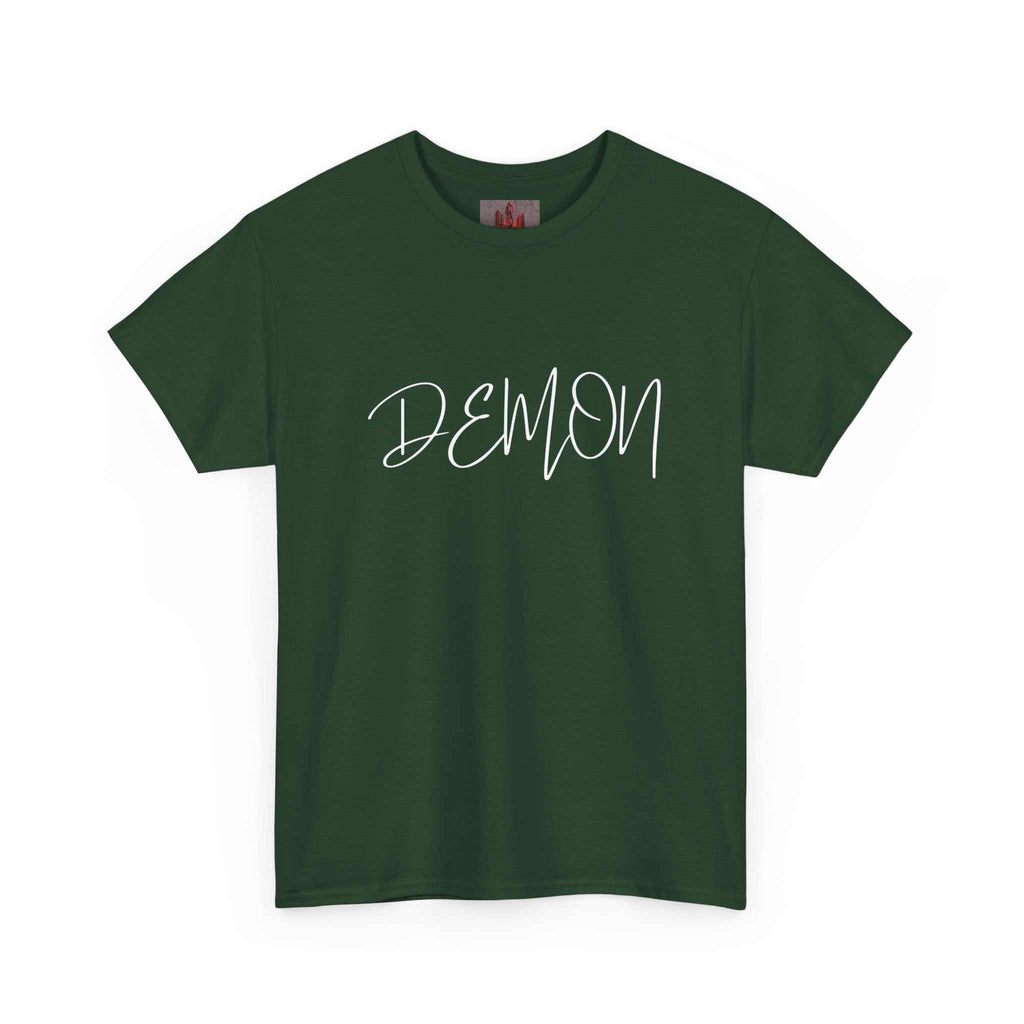 Dark green cotton t-shirt with bold white handwritten Demon Script logo on chest