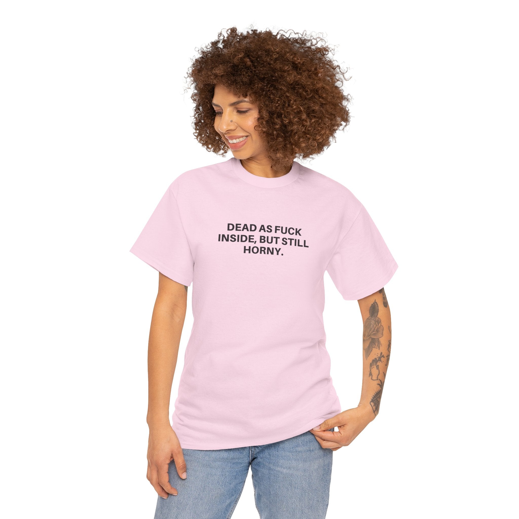 Black Dead as F*** T-shirt by Printify featuring bold white graphic text on the front.