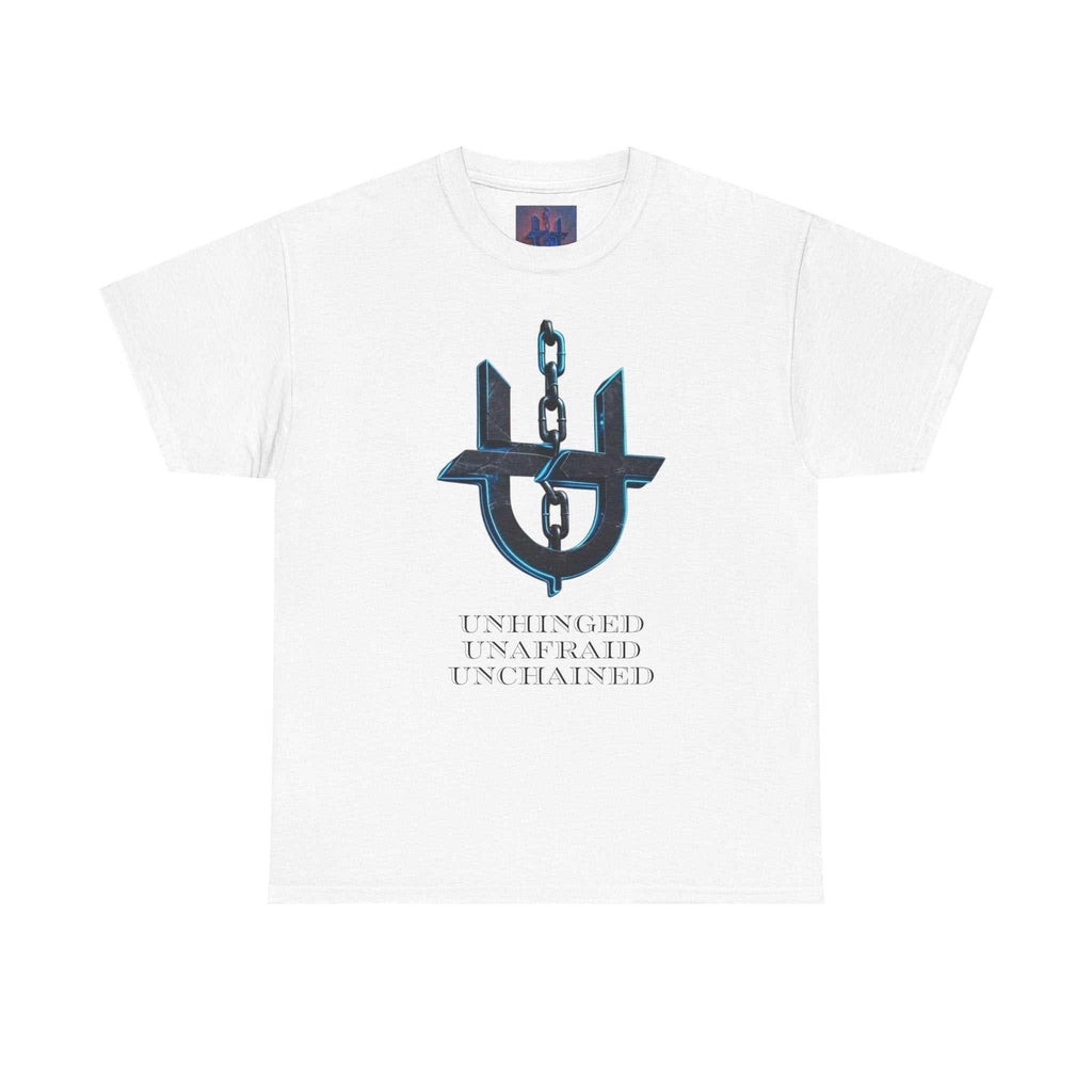 White Unhinged UnChained Unafraid emblem t-shirt with broken shackle and chain design on front