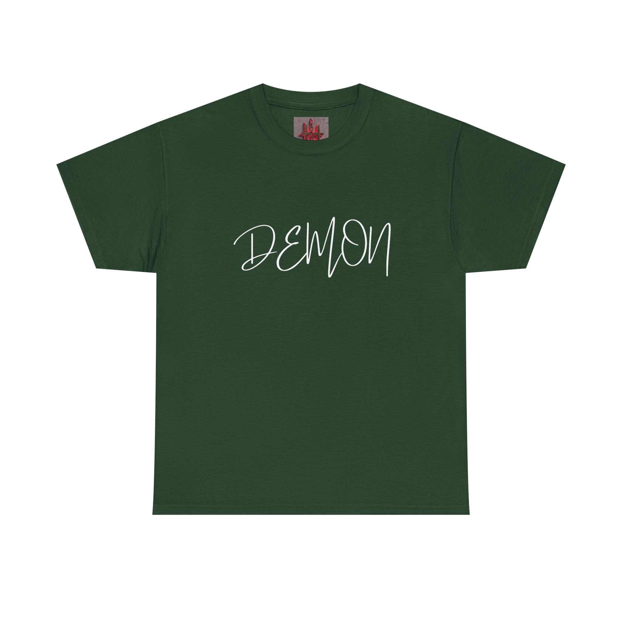 Green Demon Script t-shirt with bold handwritten demon graphic on chest, soft breathable cotton, classic fit