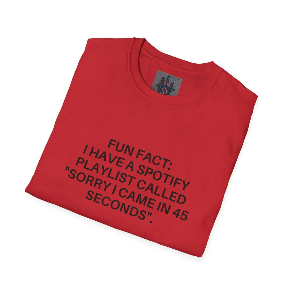 red crew-neck tee with humorous black text print about a Spotify playlist