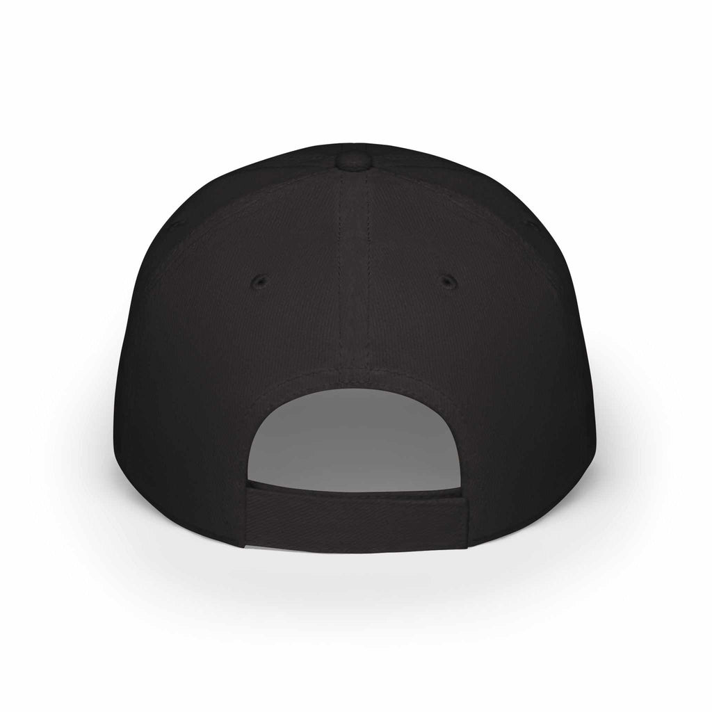 Black Demon Script Baseball Cap with adjustable Velcro strap shown from back view