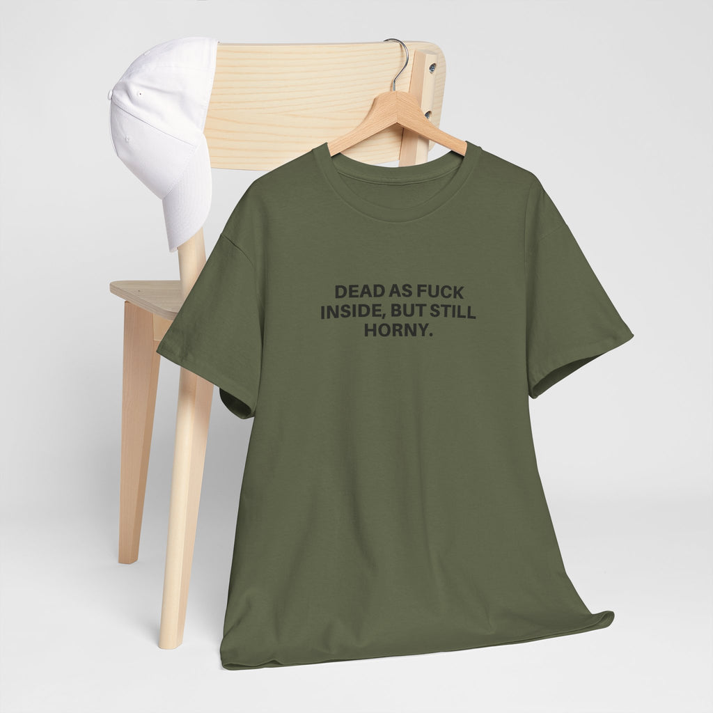 Black "Dead as F***" t-shirt by Printify featuring bold white graphic text design.