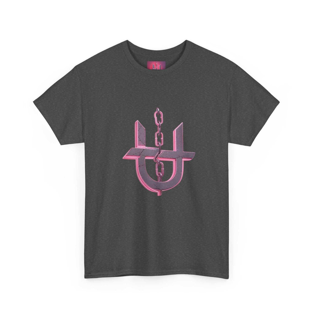 Pink Unhinged logo t-shirt by Printify displayed flat, showcasing vibrant colors and bold graphic design.