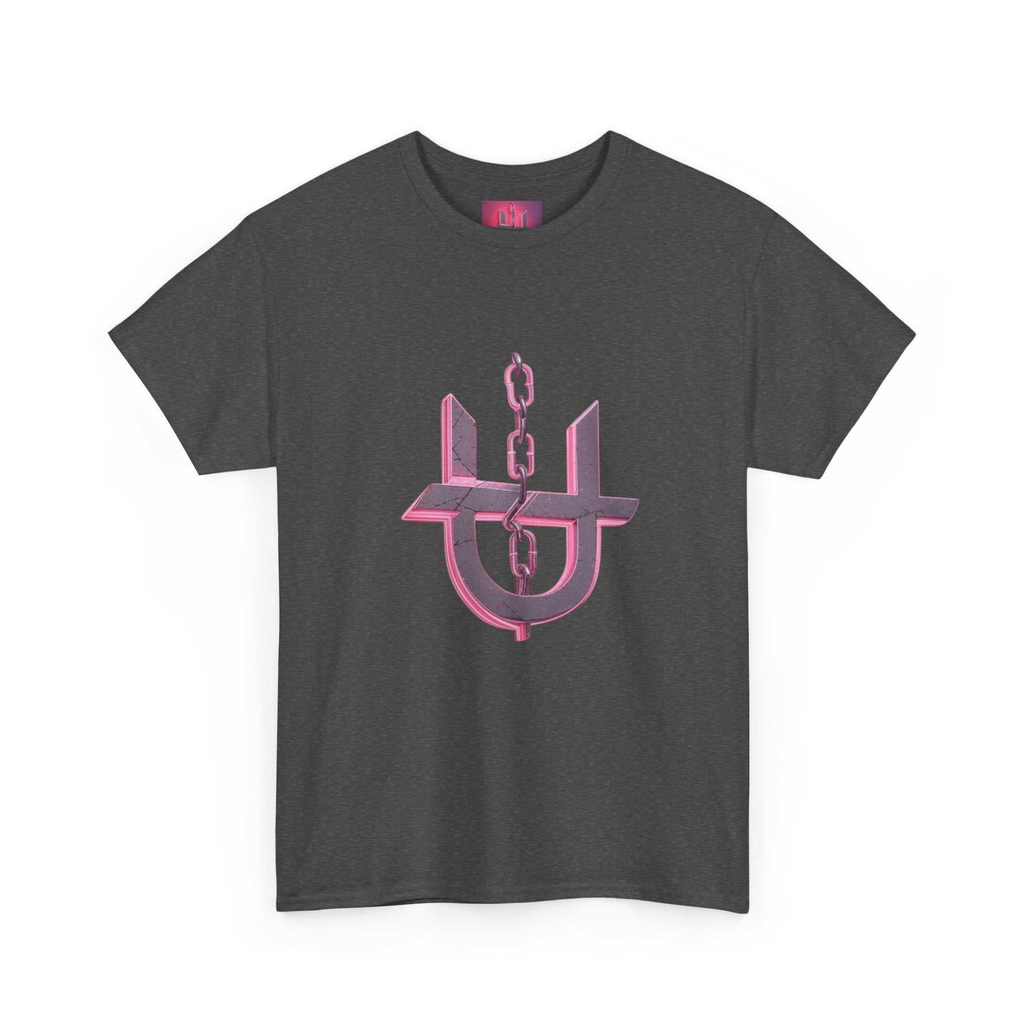 Pink Unhinged logo t-shirt by Printify displayed flat, showcasing vibrant colors and bold graphic design.