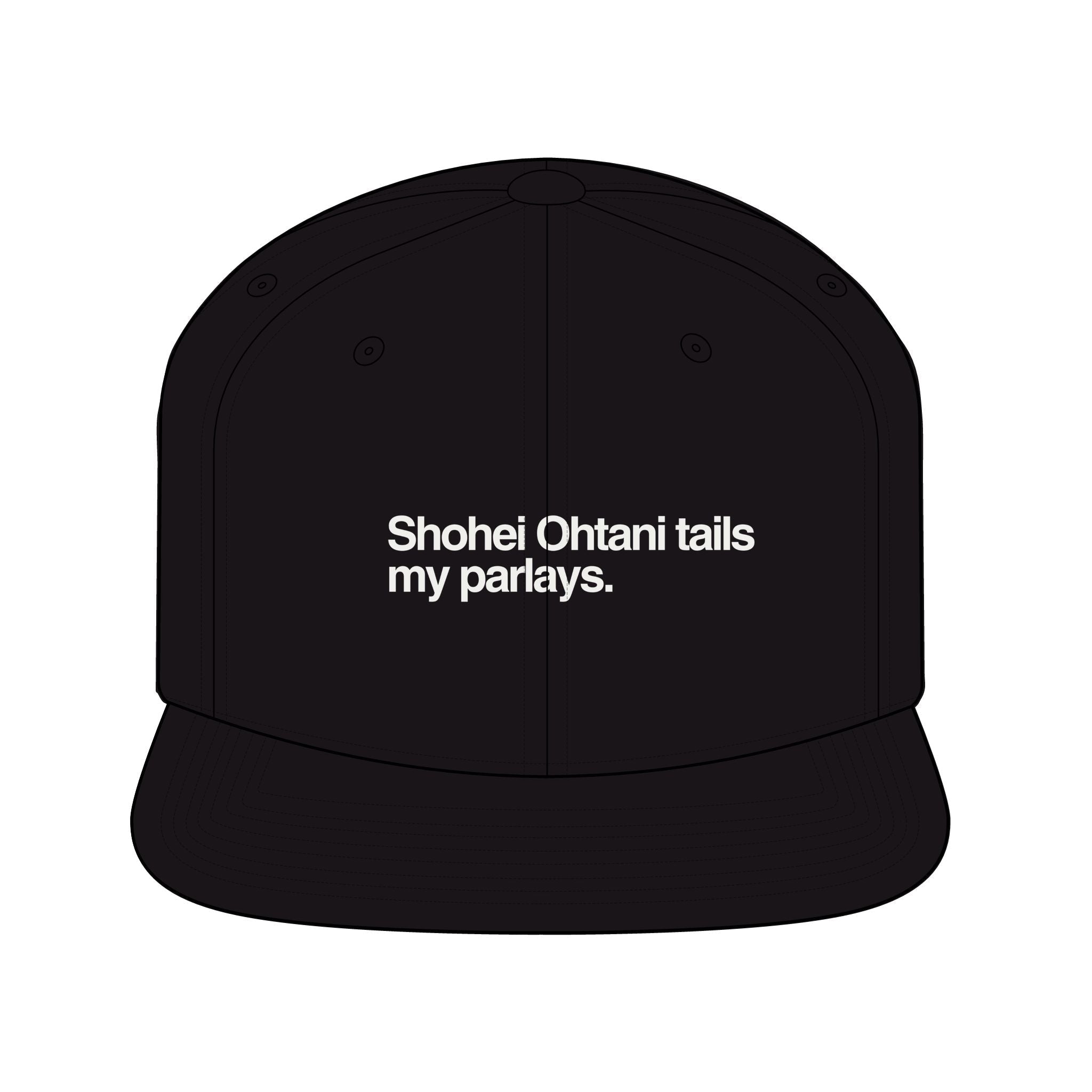 Black Shohei Ohtani snapback cap with white embroidered text and adjustable strap
