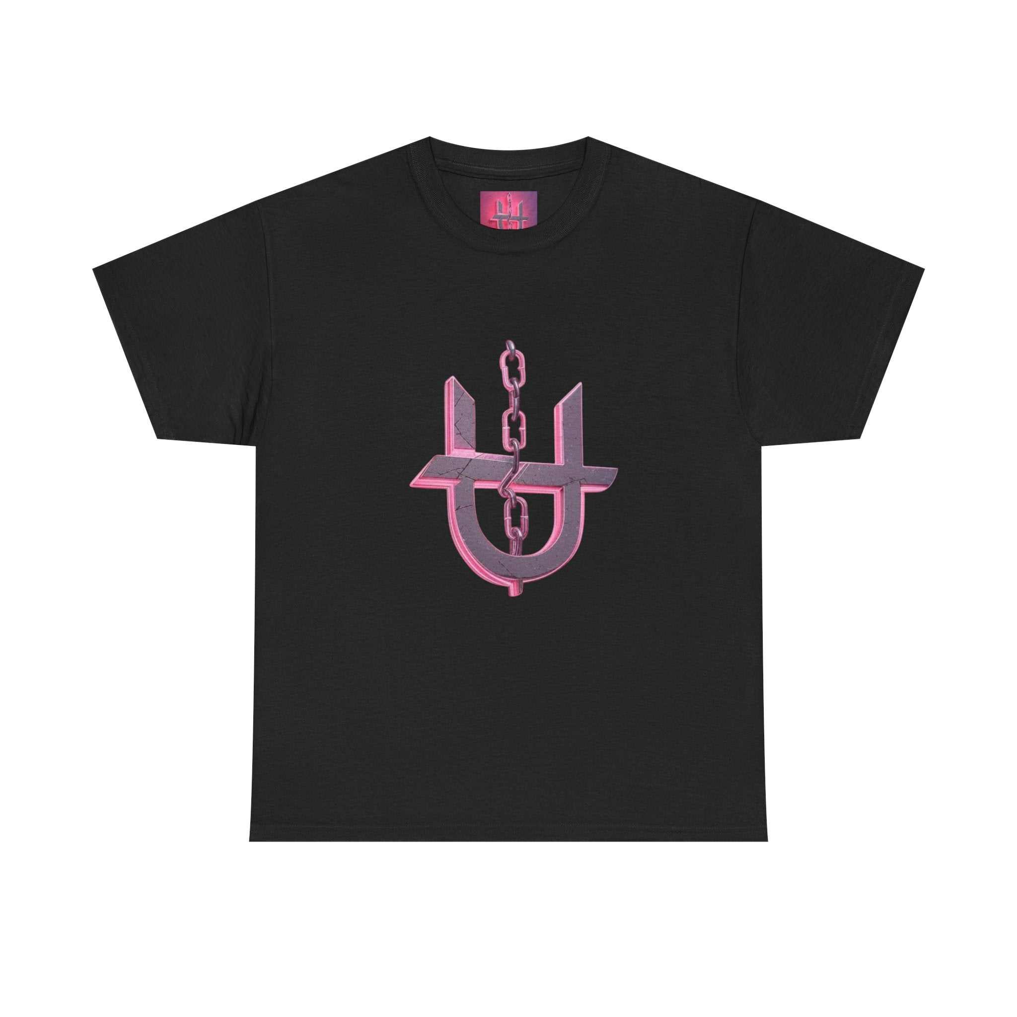 Pink Unhinged logo t-shirt by Printify displayed flat, showcasing vibrant color and bold graphic design.