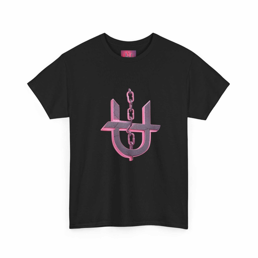 Pink Unhinged logo t-shirt by Printify displayed on a wooden surface with a casual, relaxed fit.