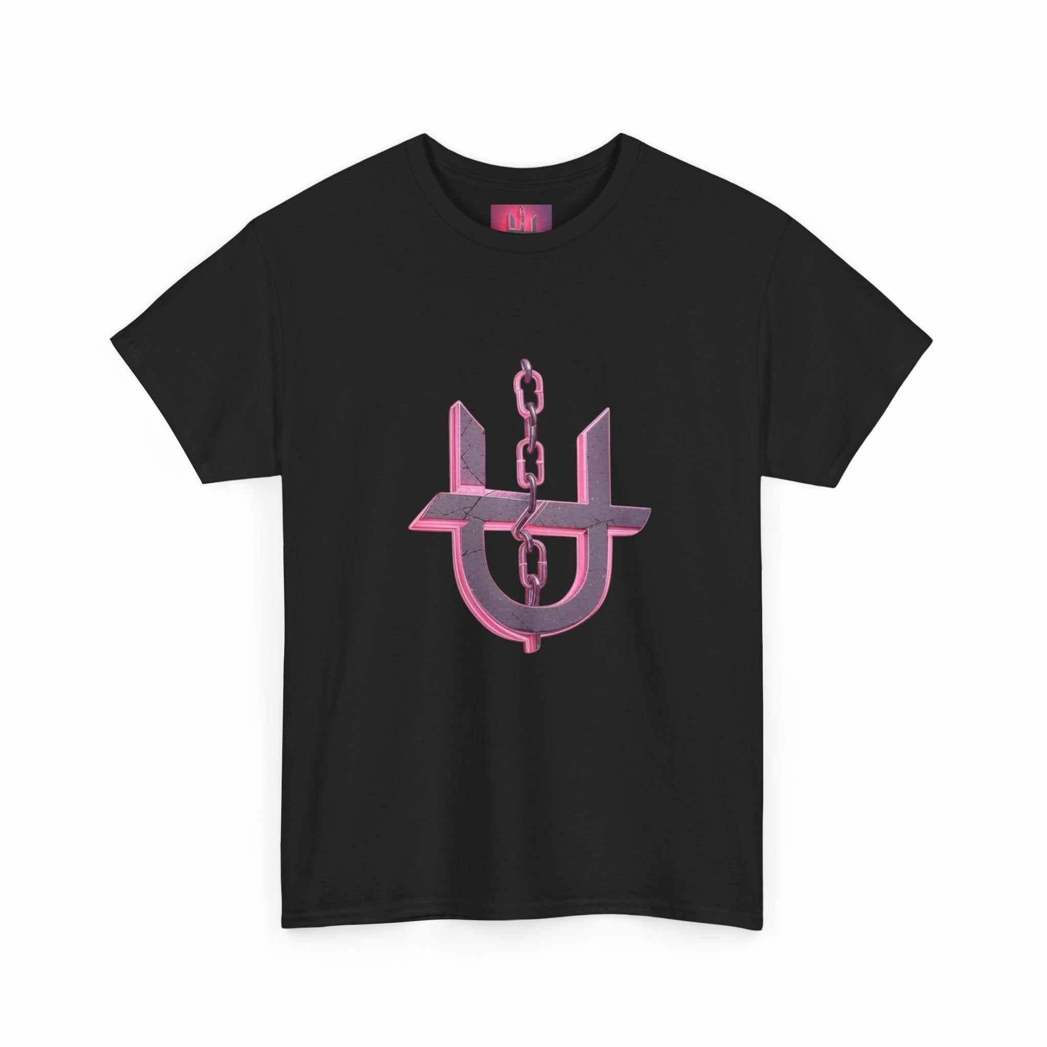 Pink Unhinged logo t-shirt by Printify displayed on a wooden surface with a casual, relaxed fit.
