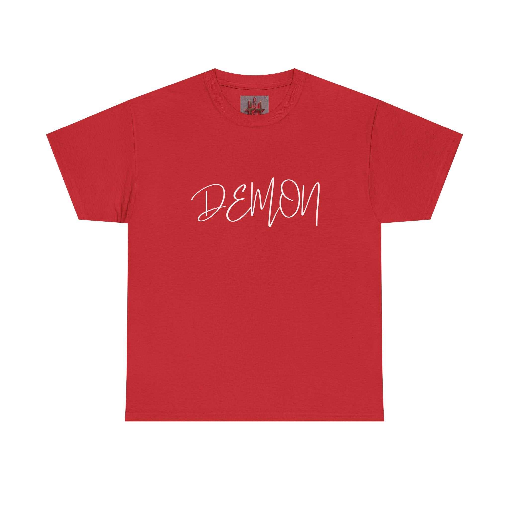 Red Demon Script t-shirt with bold white handwritten text, soft breathable cotton, classic fit.