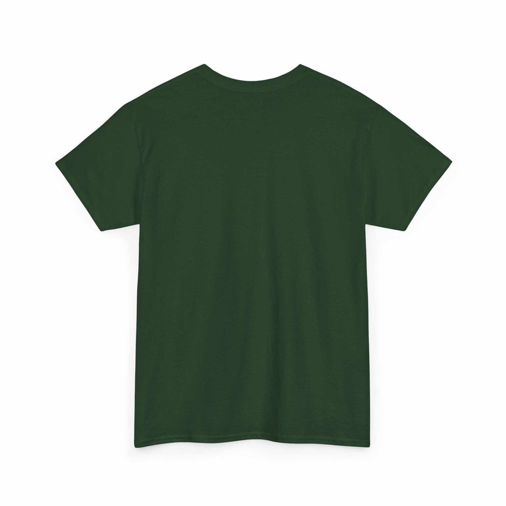 Dark green Demon Script cotton t-shirt with ribbed collar and boxy fit, breathable and durable material.