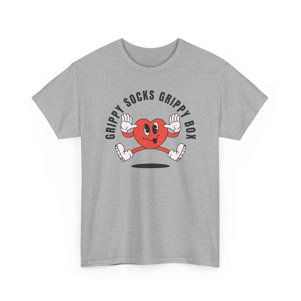 Gray cotton t-shirt with playful heart character and "Grippy Socks Grippy Box" text design