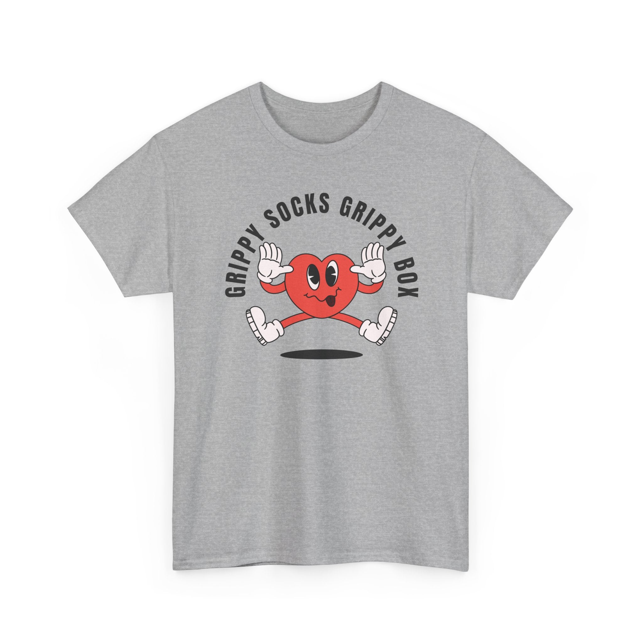 Gray cotton t-shirt with playful heart character and "Grippy Socks Grippy Box" text design