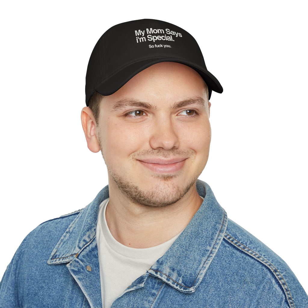 Printify hat with "My Mom Says" text, featuring a comfortable fit and stylish design in a trendy color.