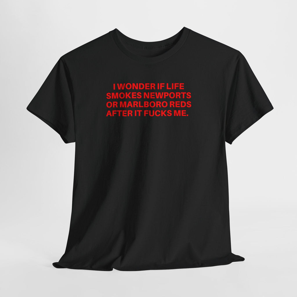 Black I Wonder t-shirt with bold red text statement on front, classic cotton fabric, relaxed fit.