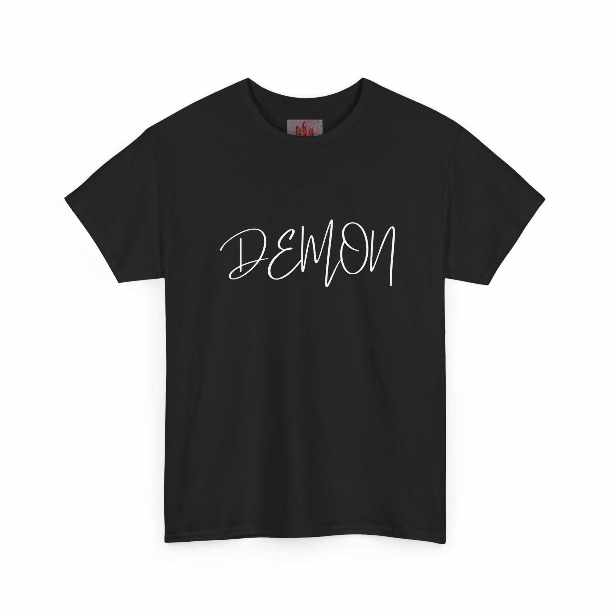 Black Demon Script t-shirt with bold white handwritten DEMON text and ribbed collar