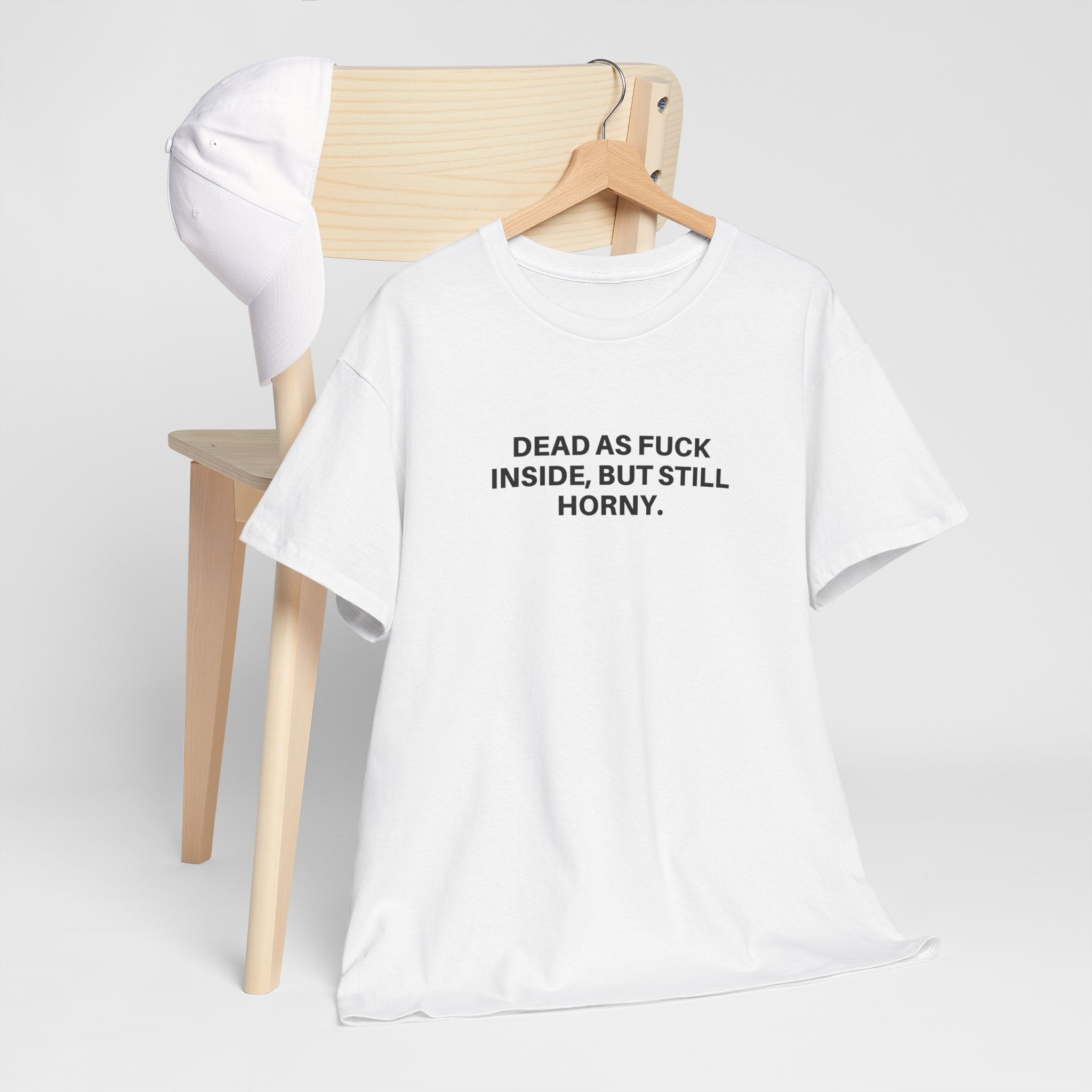 Black "Dead as F***" t-shirt by Printify with bold white graphic text on the front.