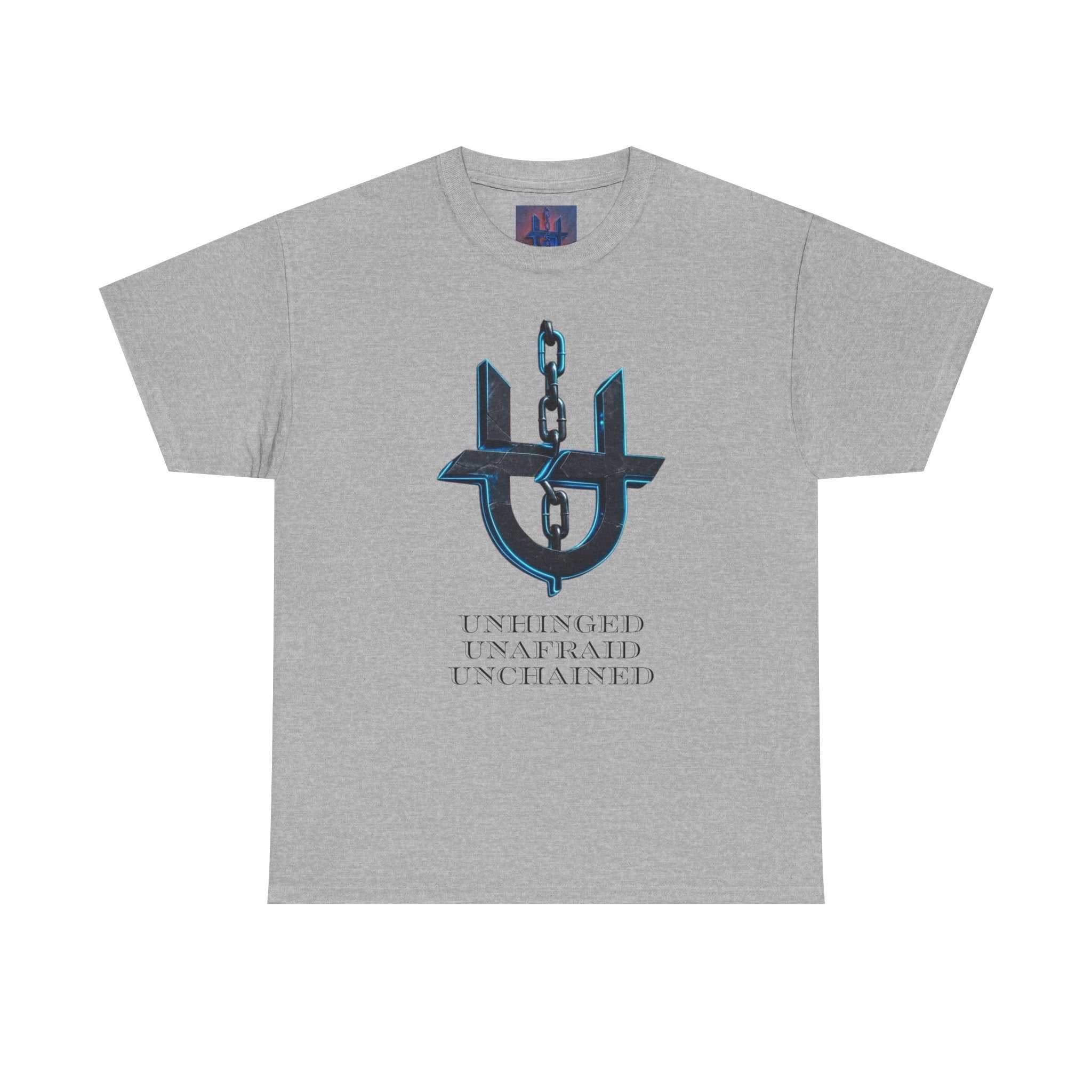 Black Printify t-shirt featuring the "Unhinged UnChained Unafraid" emblem on the front.