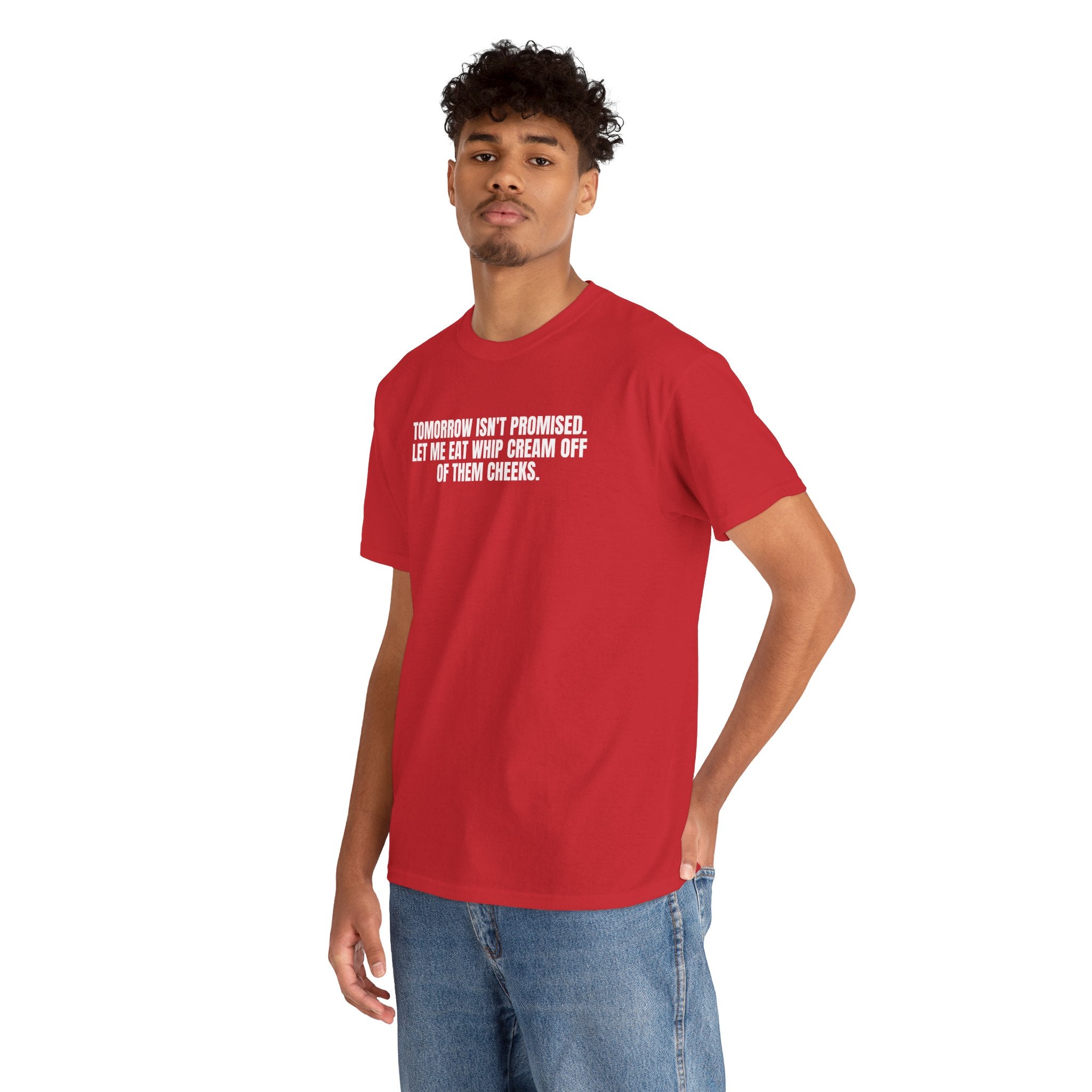 Black t-shirt featuring the phrase "Tomorrow really Isn’t Promised" by Printify displayed on a flat surface.