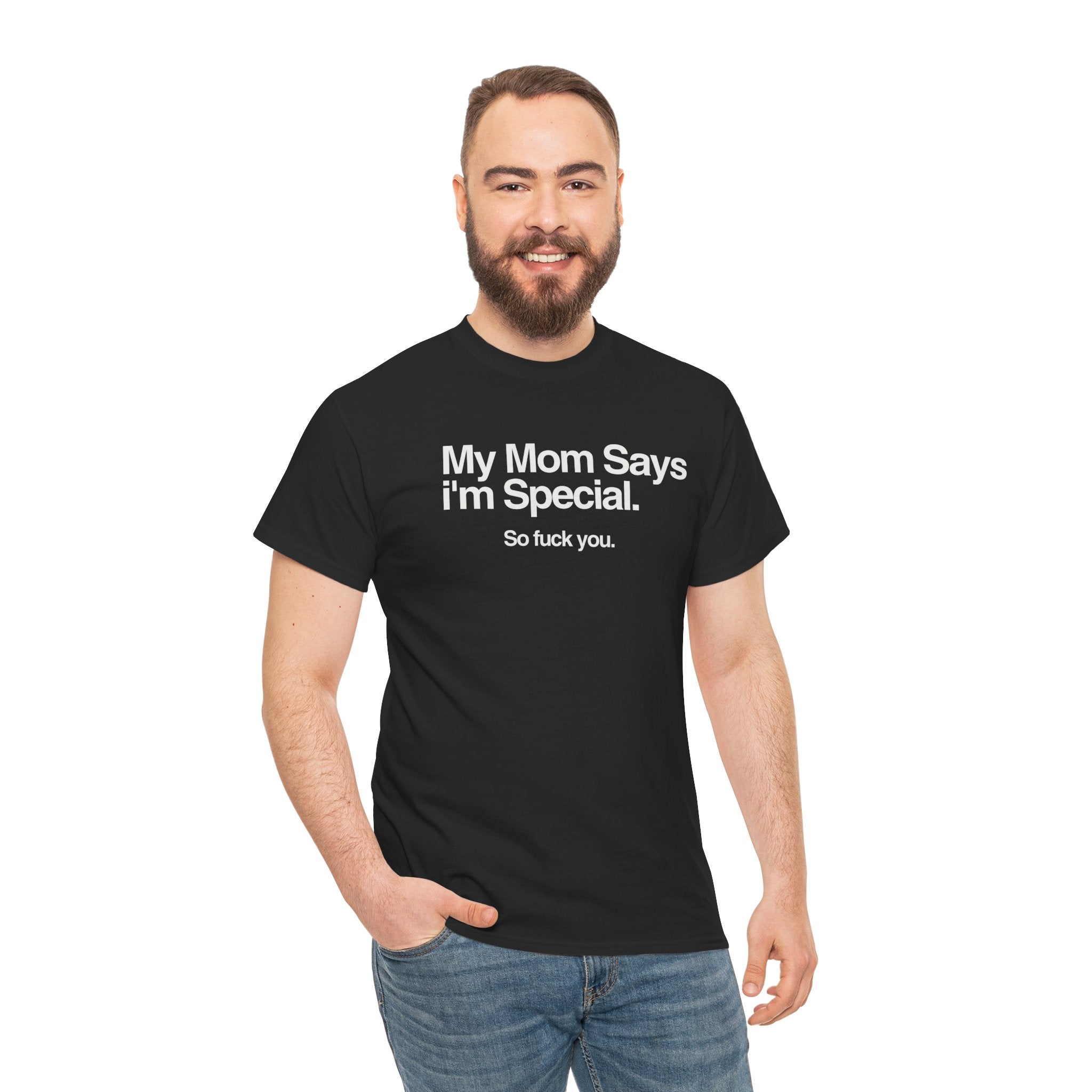 Man wearing black My Mom Says Tee with white bold text and casual fit