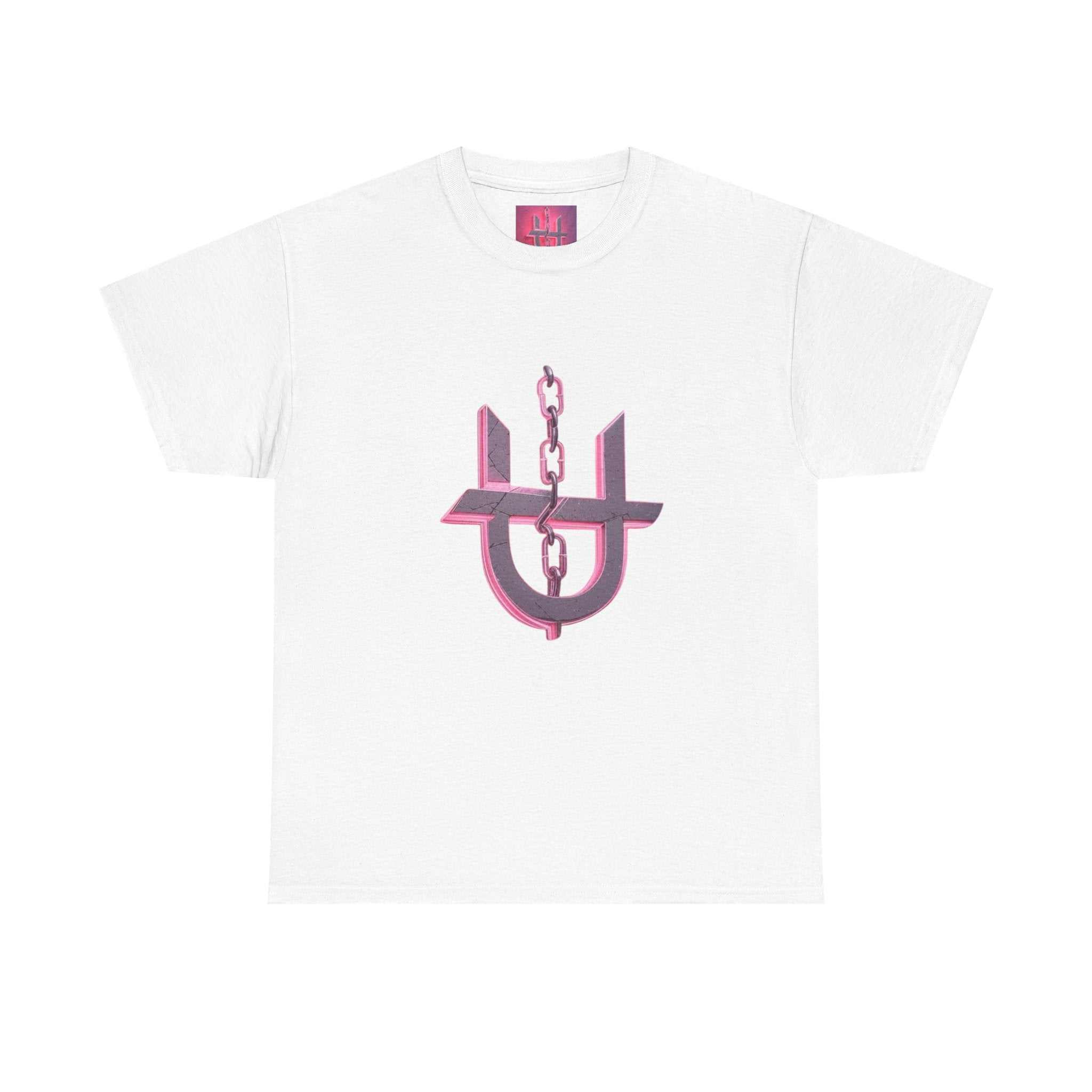 White cotton t-shirt featuring Unhinged Logo in pink and gray with 3D chain design on chest