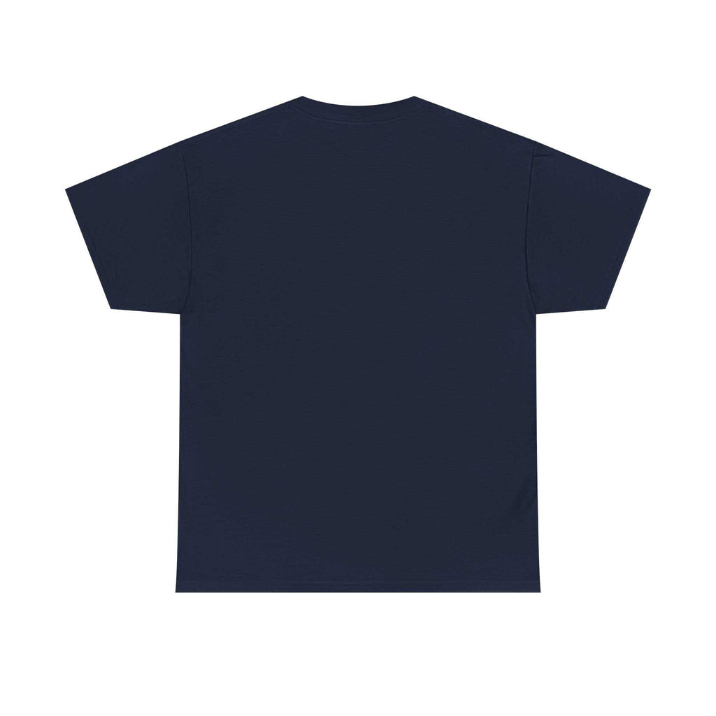 back view of navy blue Heathen cotton t-shirt with short sleeves and crew neck