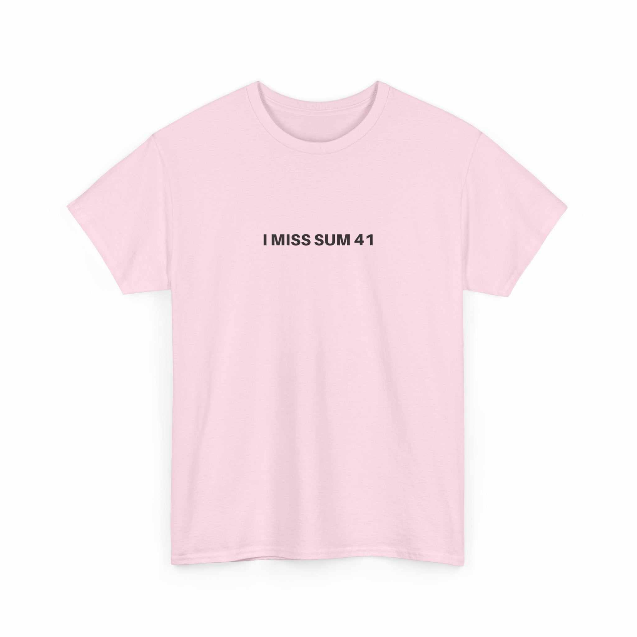 Black I MISS SUM 41 t-shirt by Printify featuring bold white graphic text on the front.