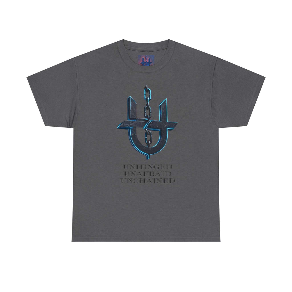 Printify Unhinged UnChained Unafraid emblem t-shirt featuring bold graphic design on a casual fit.
