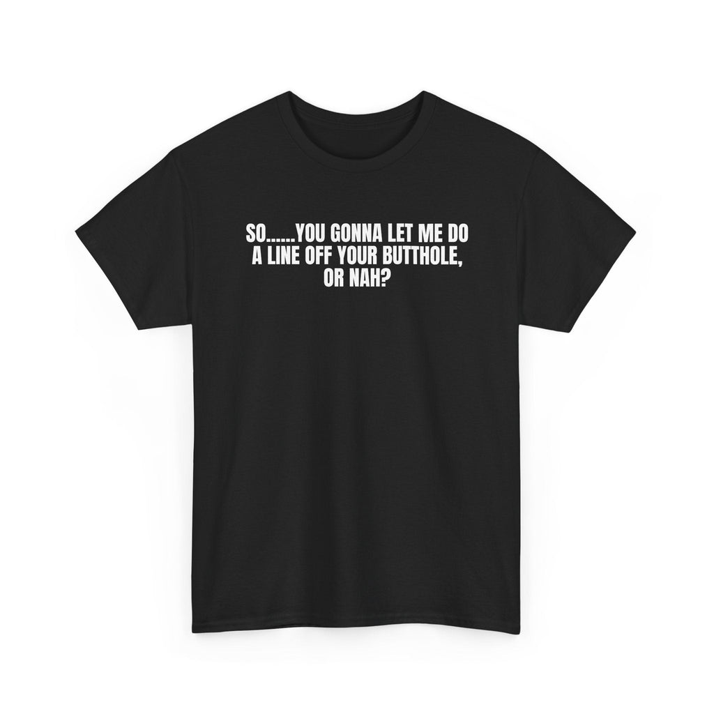 Black cotton t-shirt with white text "So...you gonna let me do a line off your butthole, or nah?" in bold font