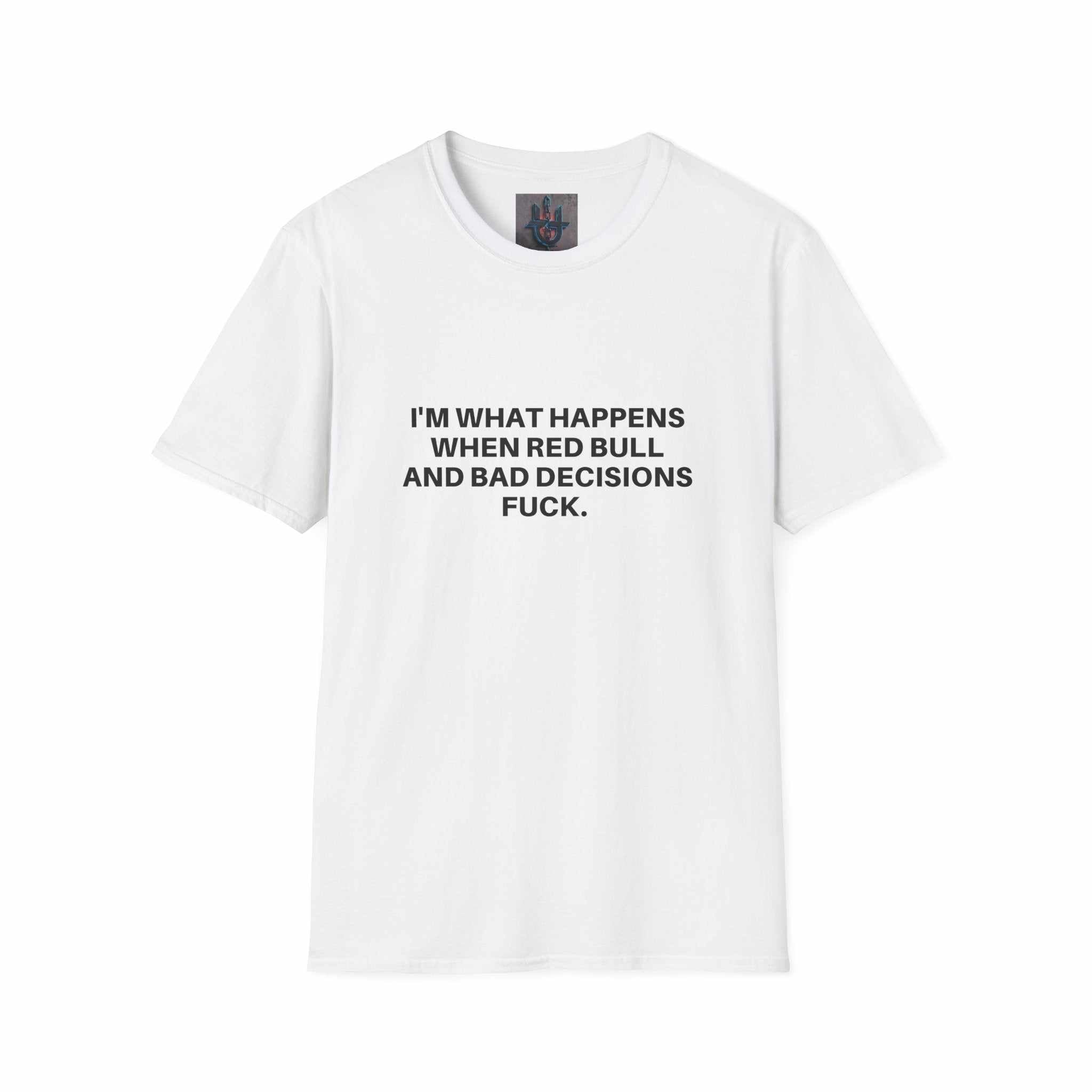 Black "Bad Decisions" T-shirt by Printify featuring bold white text on soft fabric, perfect for casual wear.