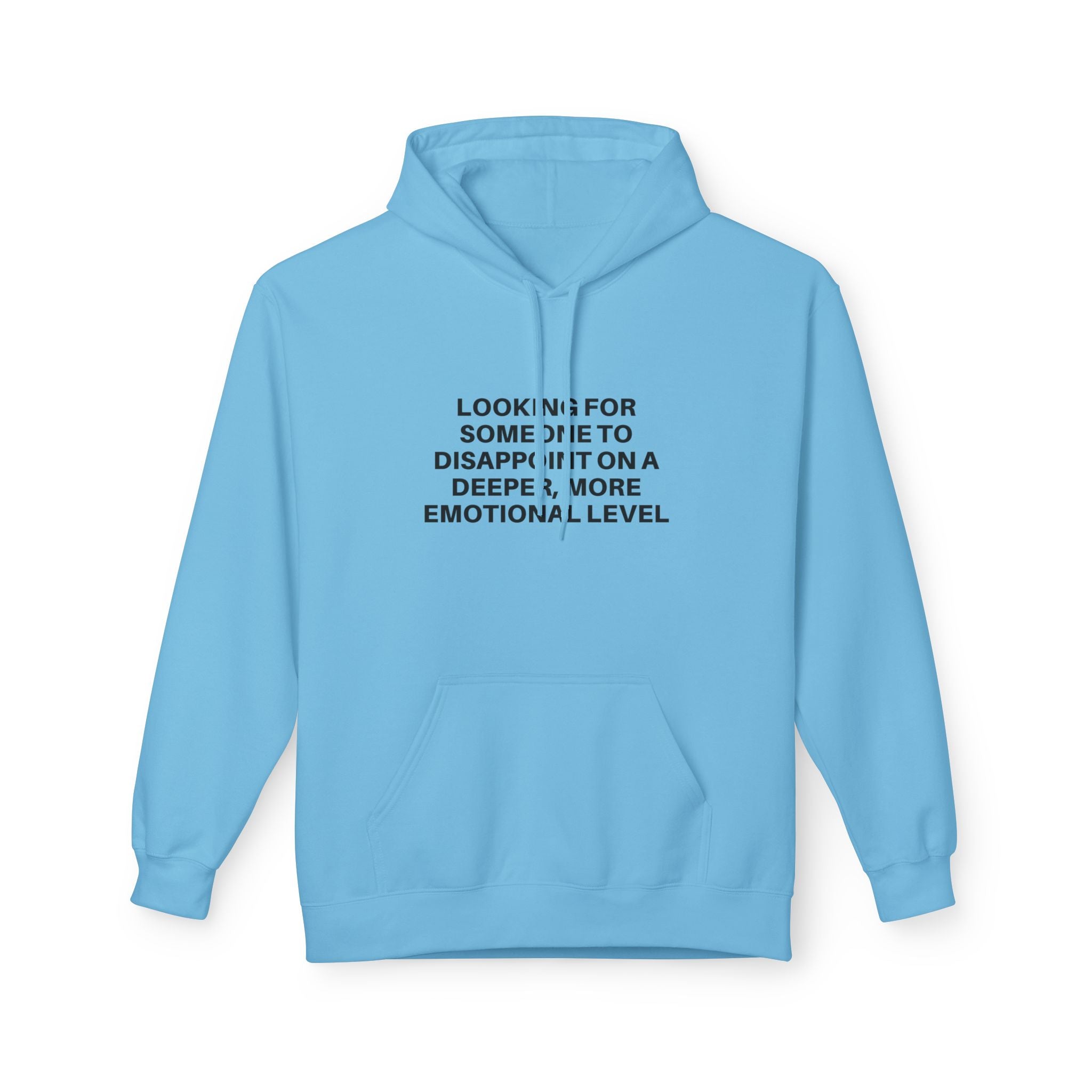 Printify Deeper Level Hoodie in navy blue, featuring a cozy hood and front kangaroo pocket, displayed on a wooden background.