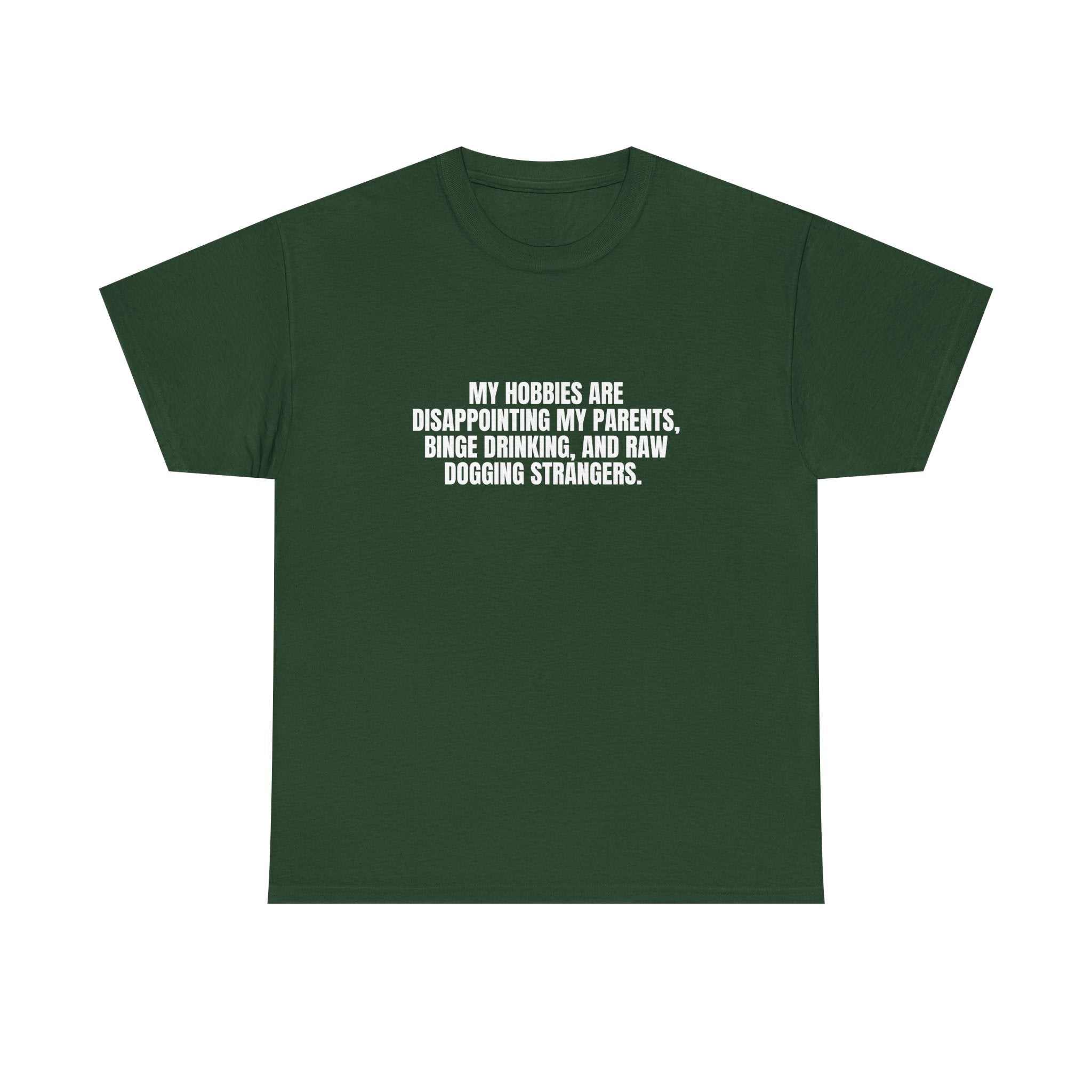 White Printify T-shirt featuring "I got Hobbies" text in a playful font on a flat lay background.