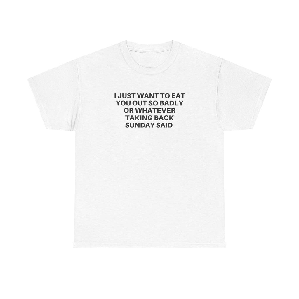 White TBS crewneck tee with minimalist black text print, 100% cotton, casual fit.
