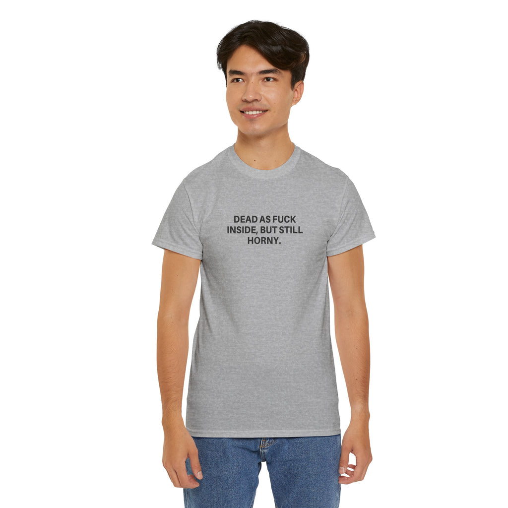 Black "Dead as F***" t-shirt by Printify featuring a bold graphic design and relaxed fit.