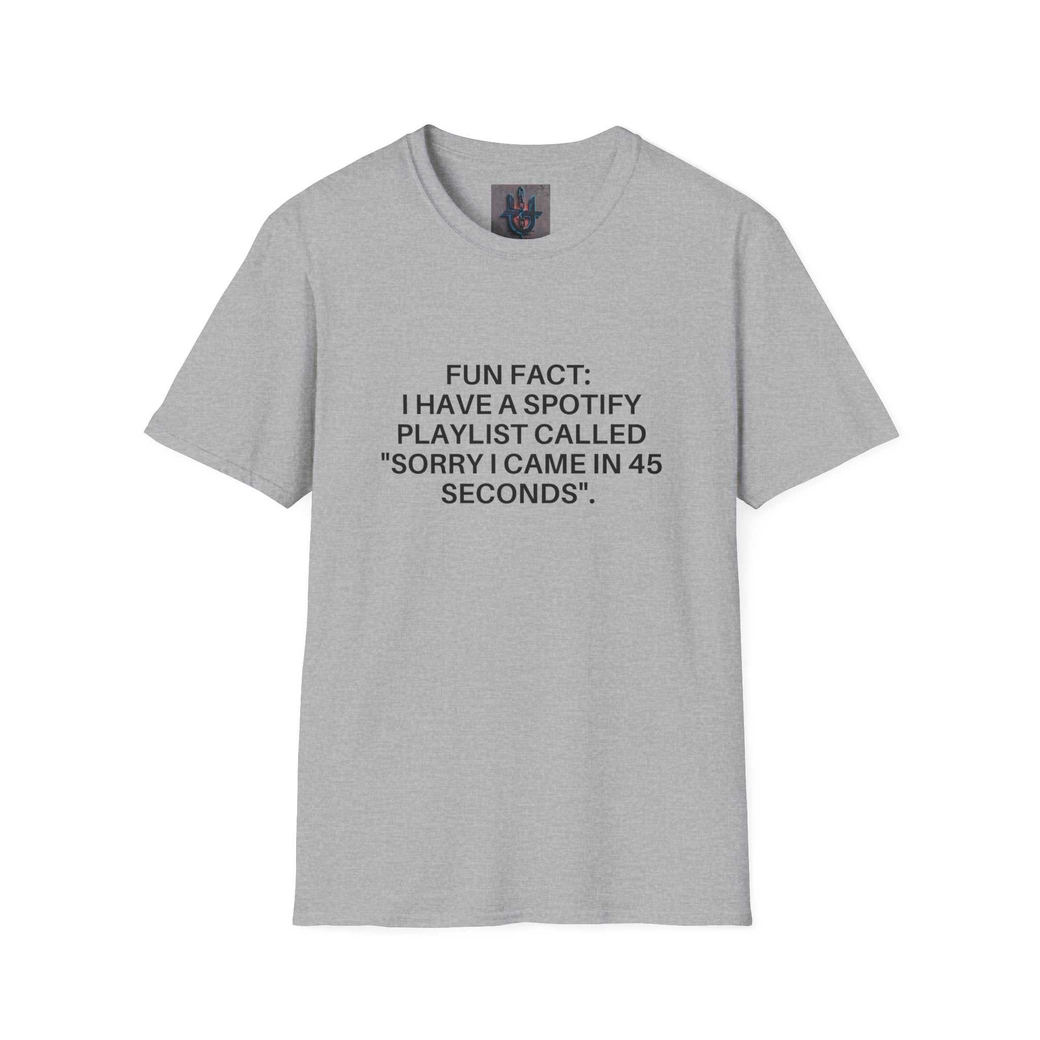 grey crew-neck tee with humorous black text fun fact spotify playlist printed on front