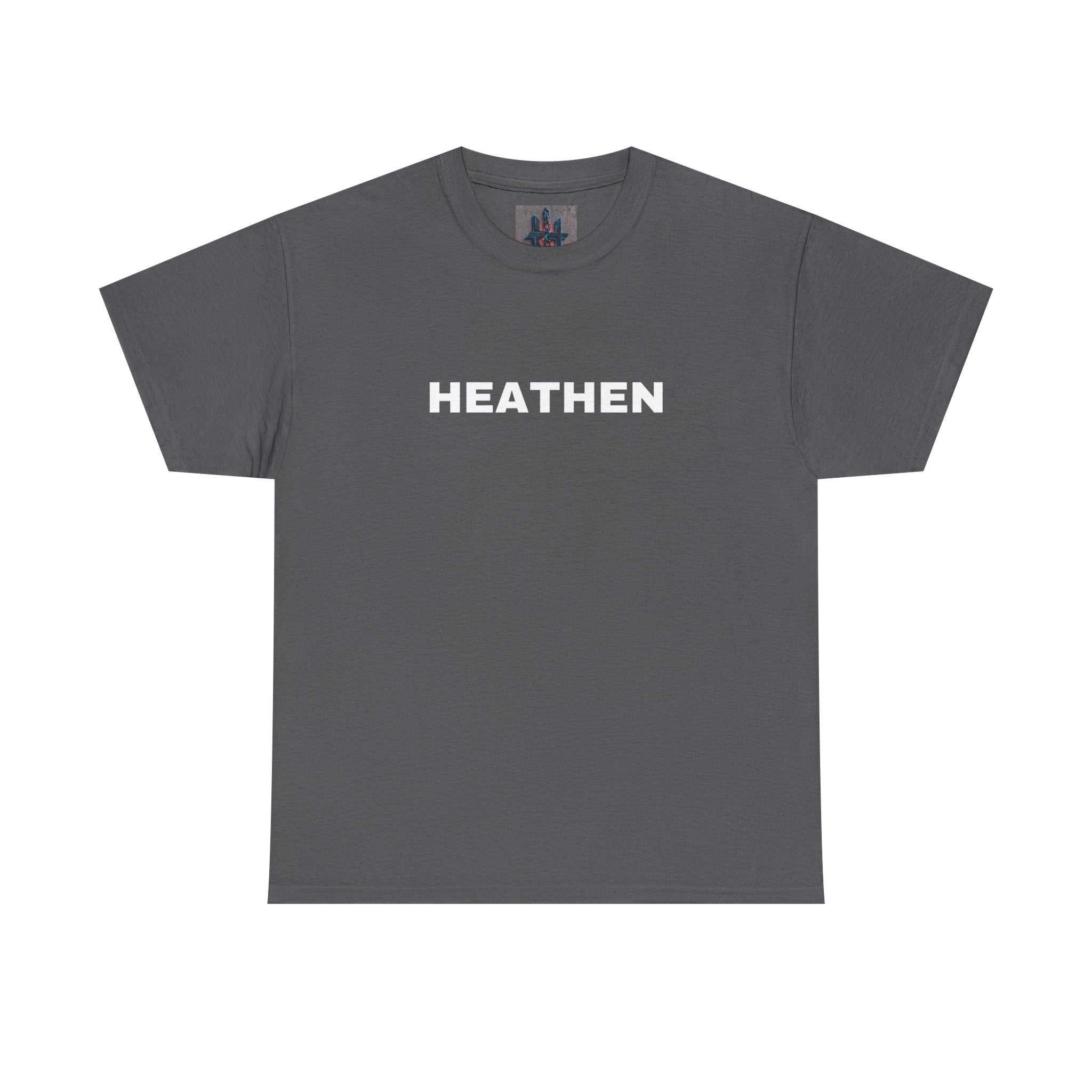 Heathen bold gray cotton t-shirt with white text across chest, durable medium-weight fabric, classic fit
