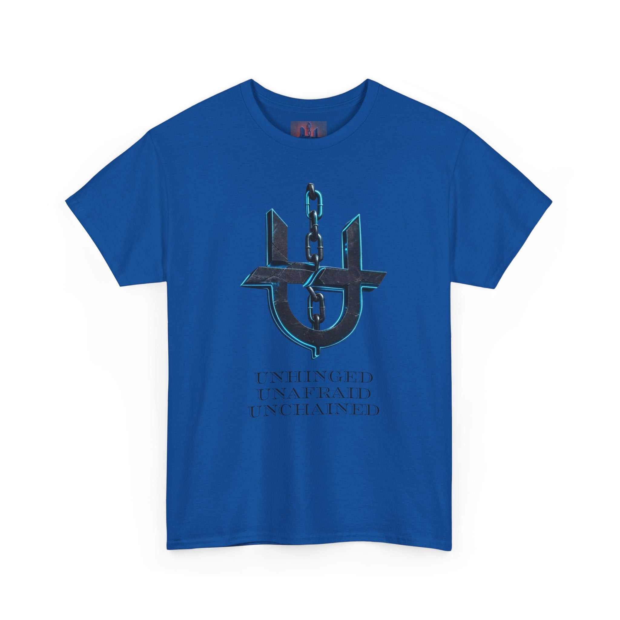 Black T-shirt featuring the "Unhinged UnChained Unafraid" emblem by Printify, displayed on a neutral background.