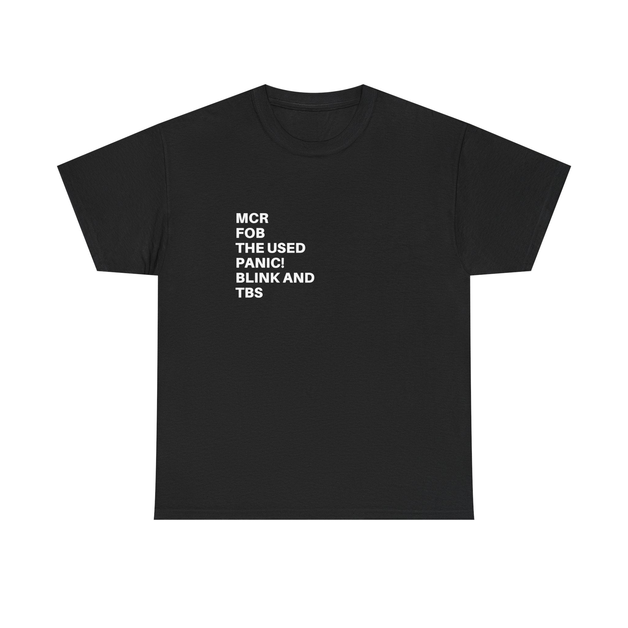 Black classic-fit t-shirt with bold white band names printed on left chest.