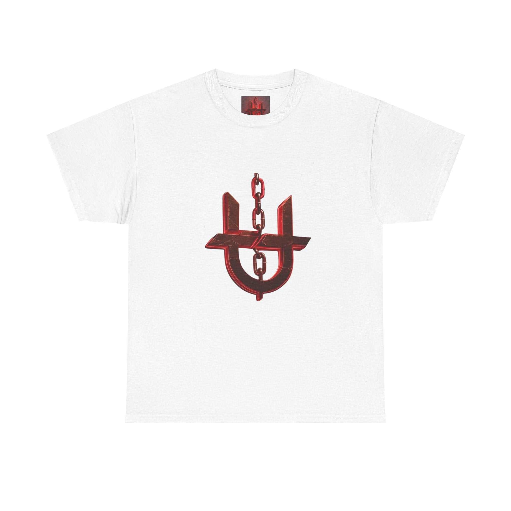 White Unhinged Logo Tee with bold red and black distressed emblem, medium-weight cotton crewneck shirt.