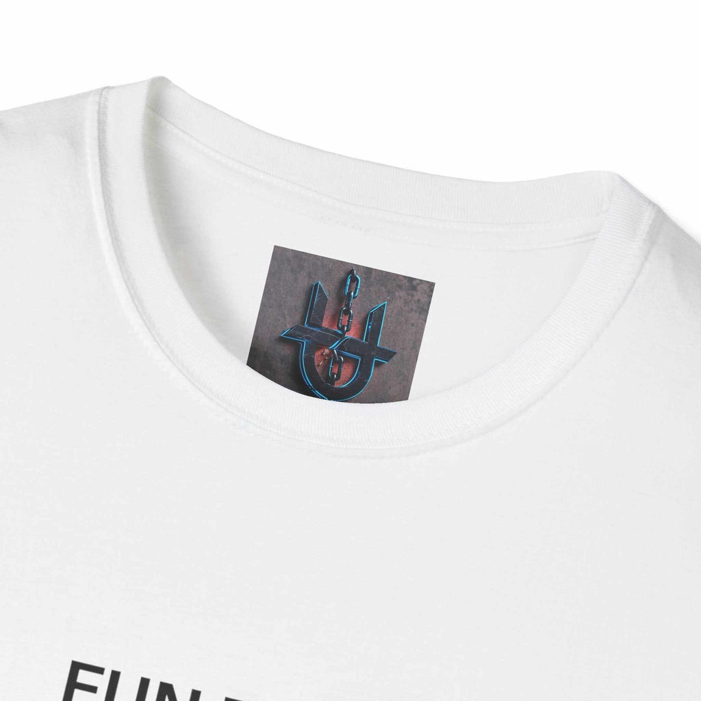 white crew-neck tee with minimalist black text print on chest