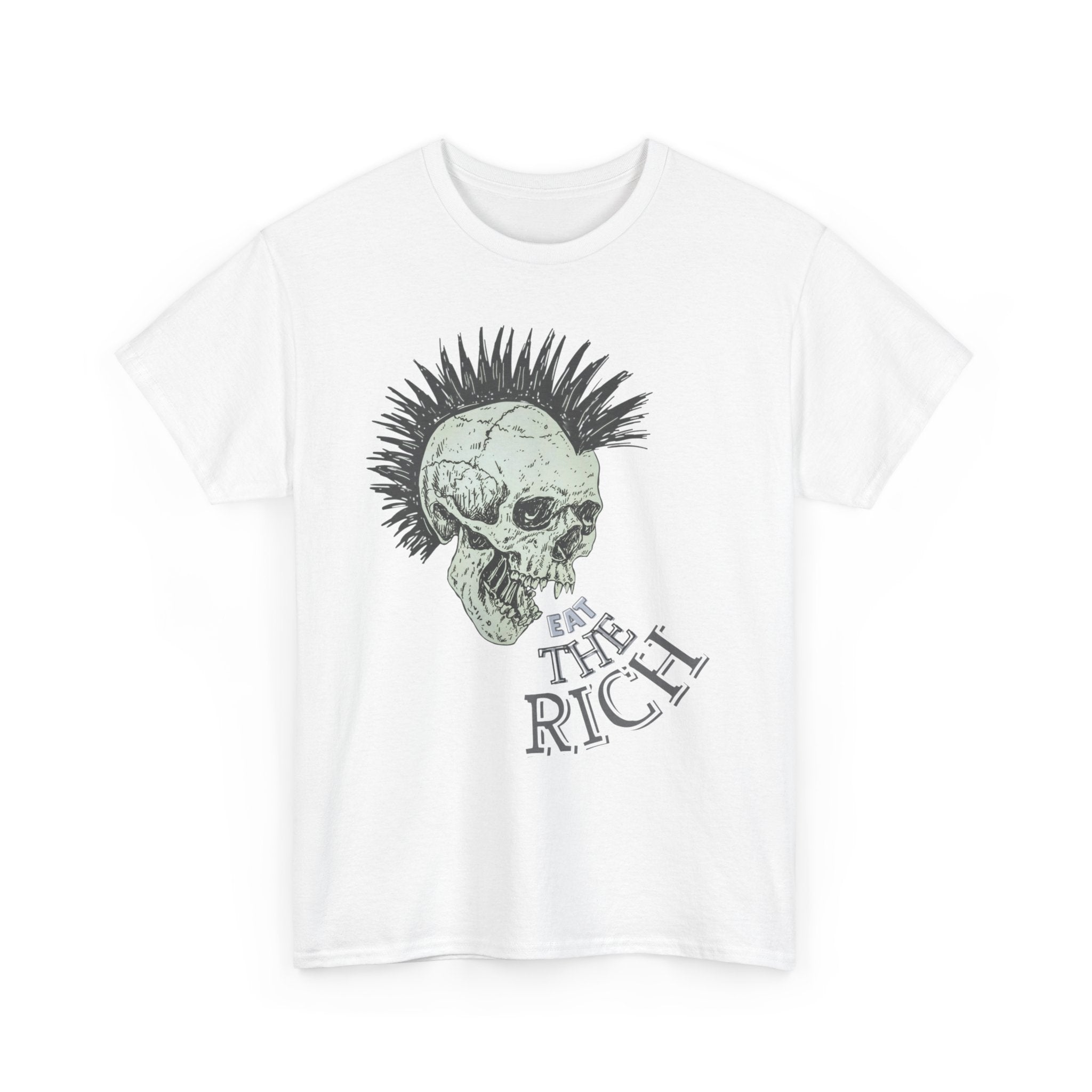 White Eat the Rich t-shirt with punk skull and mohawk graphic design