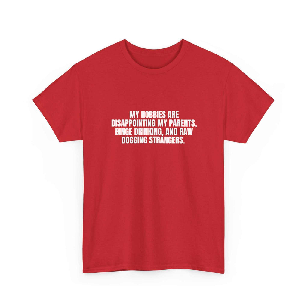 White t-shirt featuring "I Got Hobbies" text design by Printify displayed on a neutral background.
