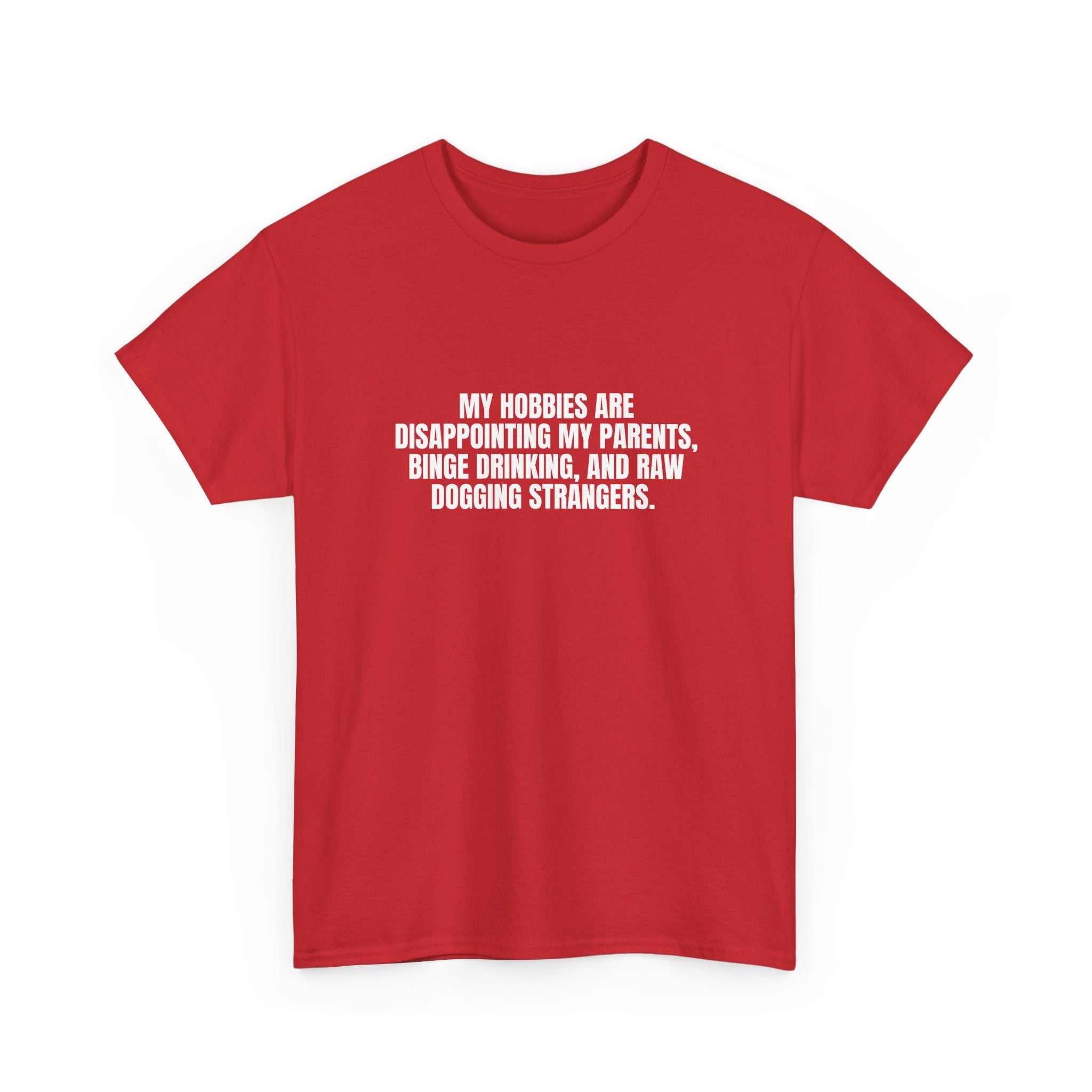 White t-shirt featuring "I Got Hobbies" text design by Printify displayed on a neutral background.