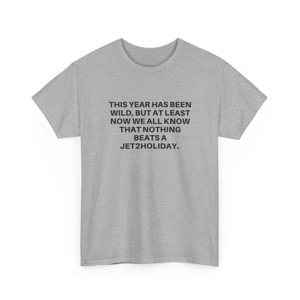Grey crew neck t-shirt with black Jet2Holiday text and relaxed fit
