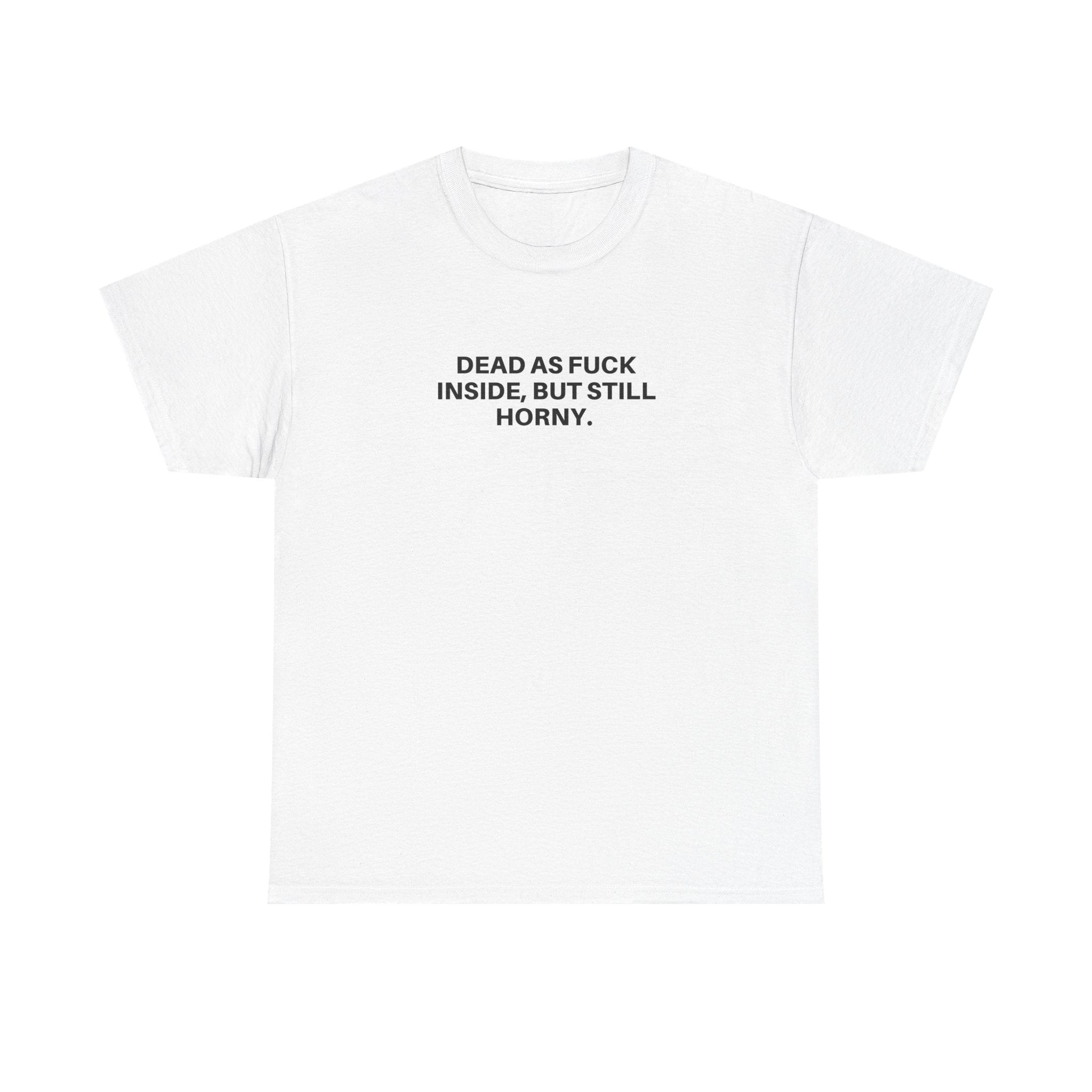 Black "Dead as F***" t-shirt by Printify featuring bold white lettering on a classic fit design.