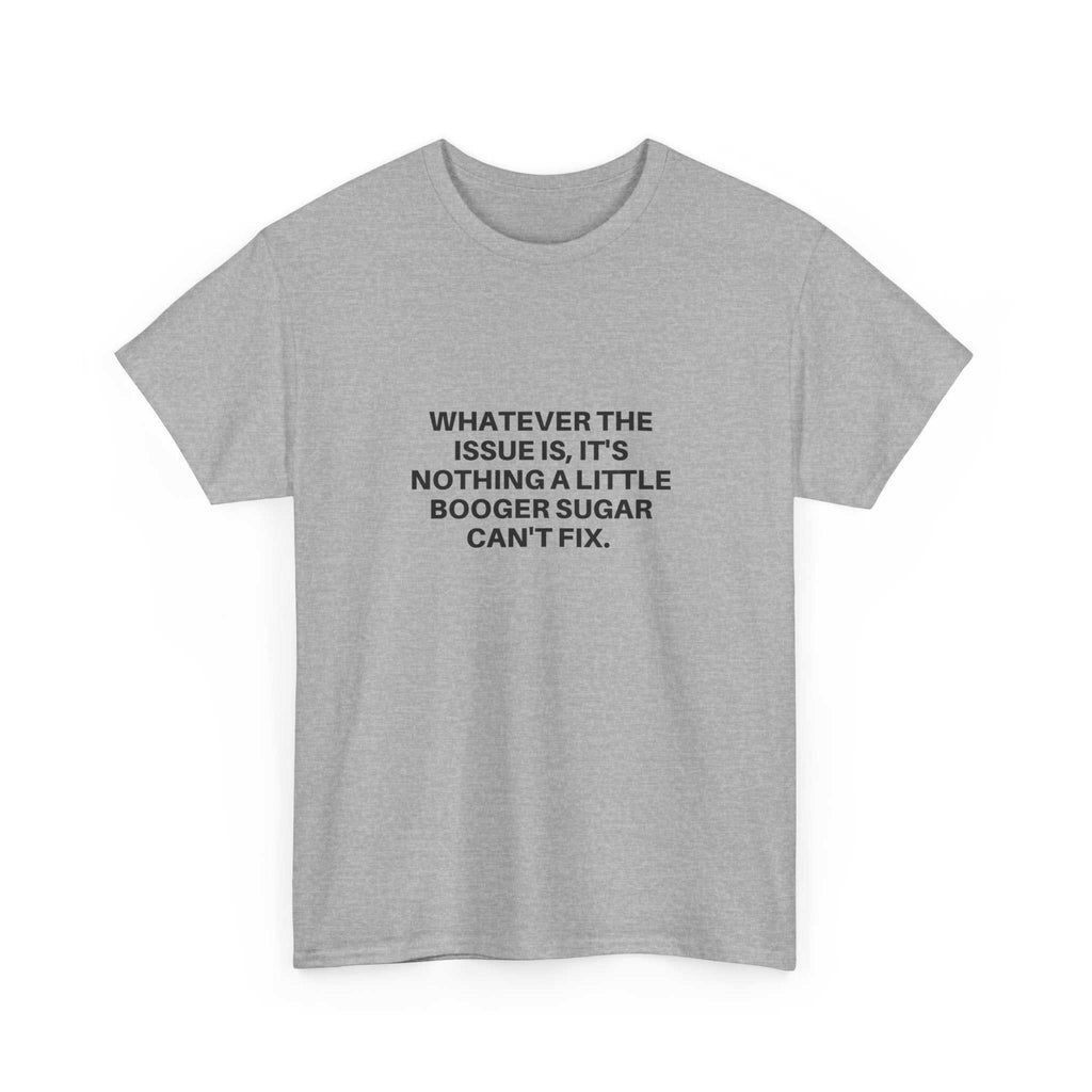 Booger Sugar gray cotton t-shirt with minimalist centered text design and relaxed fit
