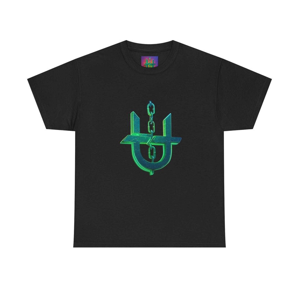 Black T-shirt with glowing green and teal Neon Unhinged logo on front in classic fit